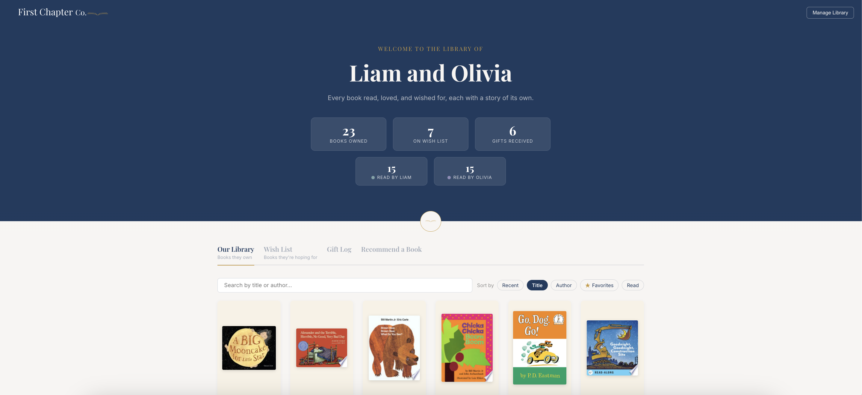 Your whole library in one beautiful page -- books owned, wish list, and gifts received.